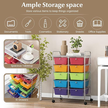 HOMGX Rolling Cart with 10 Drawers, 10 Tiers Multicolor Trolley, Drawer Bin Carts with 2 Lockable Wheels, Adjustable File & Debris Organizer Cart, Rolling Storage Cart for Office, School, Home
