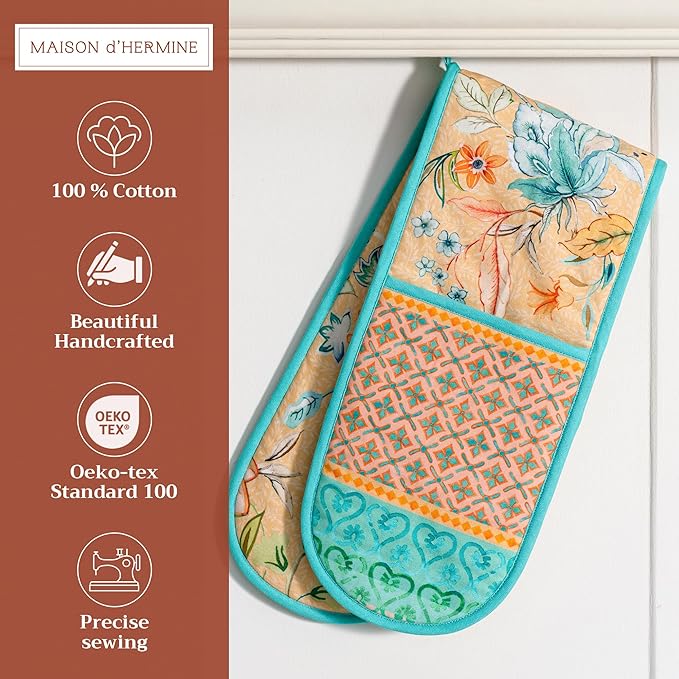Maison d' Hermine Double Oven Mitts 100% Cotton 7"x35" Double Oven Mitt Heat Resistant BBQ Cooking Gloves with Loop Baking Grilling Kitchen Hotel Home Farmhouse Spring Summer (Luxury Loft - Peach)
