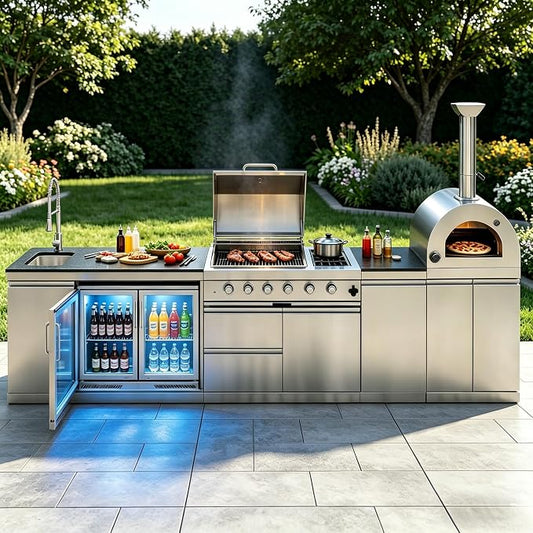 150" Outdoor Kitchen Island,108,000 BTU Propane BBQ Grill with Pizza Oven,Rotisserie,Double Door Refrigerator,Granite Countertop,Storage Cabinets & Drawers,Stainless Steel Build.