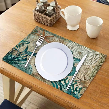 Sea Turtle Table Mats Set of 4 Beach Ocean Theme Placemats Waterproof Heat Resistant Washable Non-Slip Place Mats for Dinner Room Kitchen Decor Table 12”×16”