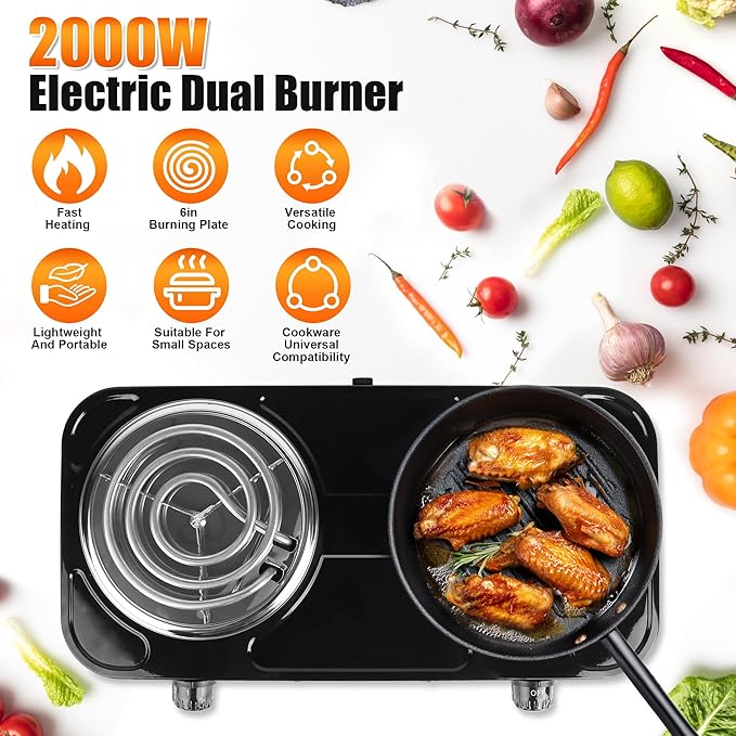 Electric Charcoal Burner Stove, 500W Single Coil Hot Plate Starter with Grill Tongs, 5-Level Temp, Smart Heat Control & Stainless Steel Fast Heating for Cooking top Countertop (3890Black-Double01)