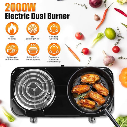 Electric Charcoal Burner Stove, 500W Single Coil Hot Plate Starter with Grill Tongs, 5-Level Temp, Smart Heat Control & Stainless Steel Fast Heating for Cooking top Countertop (3890Black-Double01)