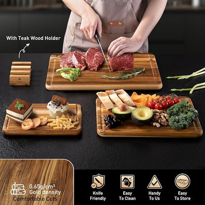 3 Pack Teak Wood Cutting Board Set for Kitchen Charcuterie Board Serving Heavy Duty Non Toxic Slip Over Sink Solid Thick Haus Wooden Chopping Board Large Big Small Meat Best Kitchen Mother Gift
