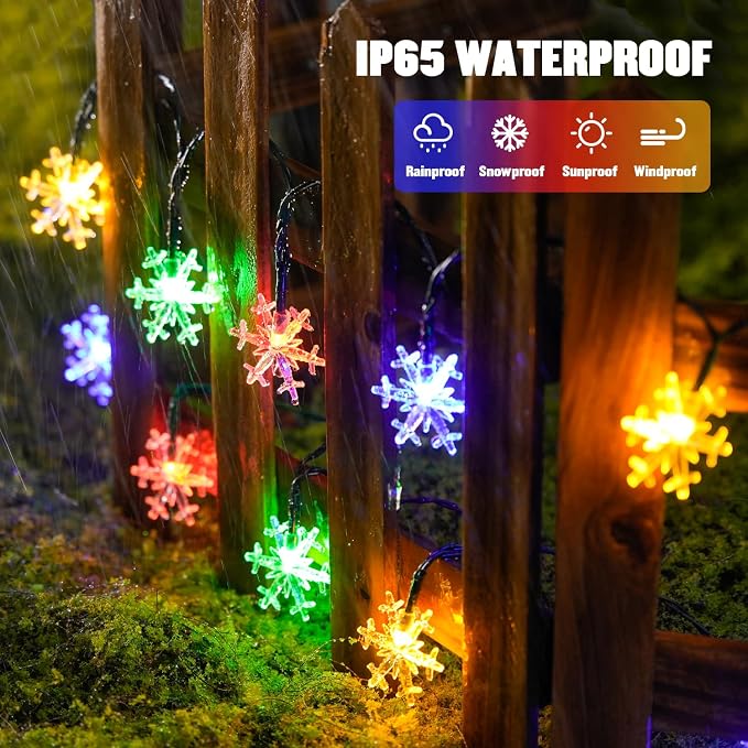 JMEXSUSS 2 Pack Solar String Lights Outdoor, 50 LED 30.6ft, Snowflake | Outdoor Waterproof, Multicolor, 8 Modes Solar Christmas Lights for Garden Patio Yard Tree Party Christmas Decorations