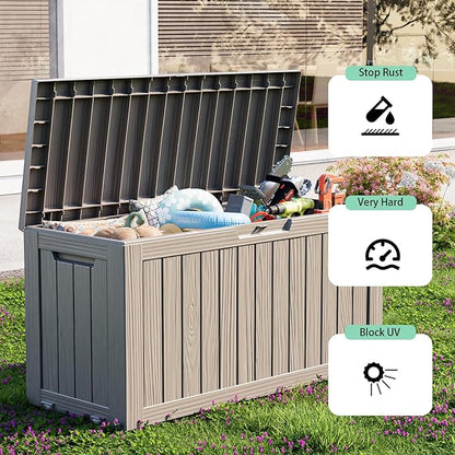 ROJIK Outdoor Storage Box, 85 Gallon Waterproof Deck Box, Weatherproof Resin Outside Storage Bin for Patio Furniture, Garden Tools, Pool Accessories, Cushion, Grey