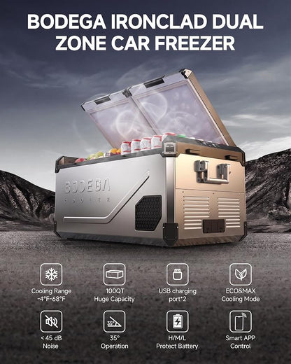 BODEGA 12 Volt Car Refrigerator, 100Quart (95L) Dual Zone Car Fridge APP Control, Portable Freezer, -4℉-68℉ RV Electric Cooler 12/24V DC &100-240V AC for Outdoor, Camping, Travel