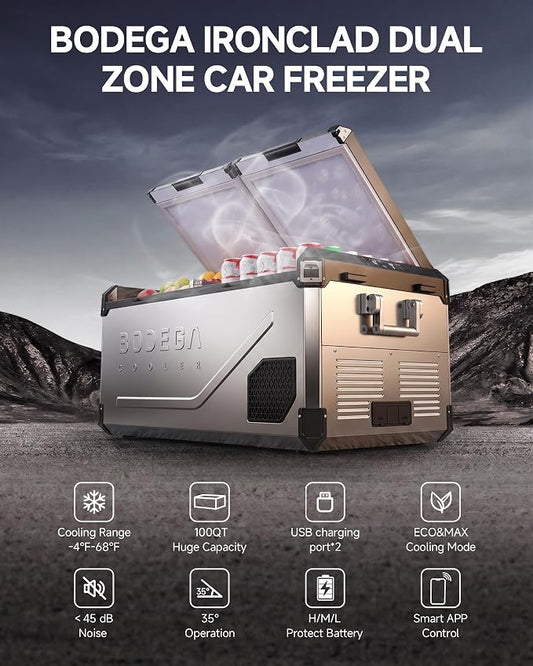 BODEGA 12 Volt Car Refrigerator, 100Quart (95L) Dual Zone Car Fridge APP Control, Portable Freezer, -4℉-68℉ RV Electric Cooler 12/24V DC &100-240V AC for Outdoor, Camping, Travel