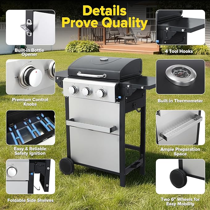 3 Burner Propane Gas Grill, 30,000 BTU Stainless Steel Outdoor BBQ Grill with 322 Sq. In. Cooking Area & 2 Foldable Side Shelves, Patio Cookout Essentials for Backyard