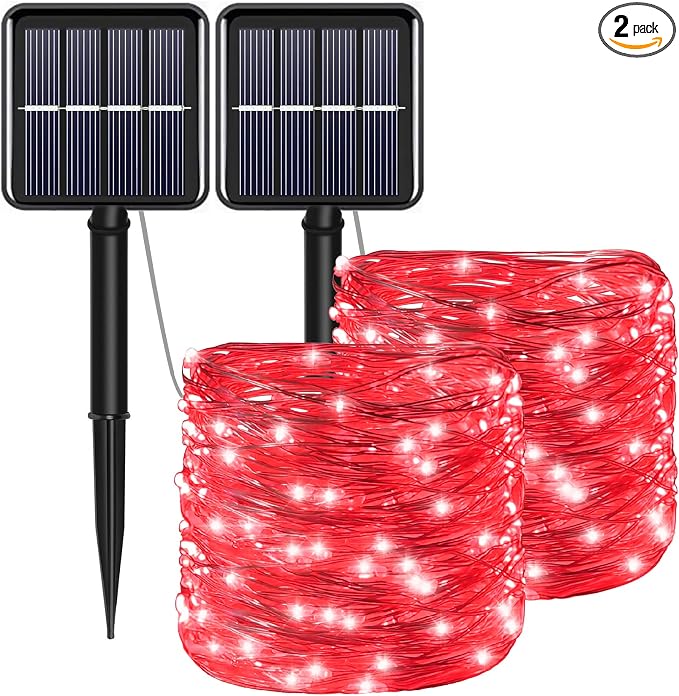 Red Solar Christmas String Lights Outdoor Waterproof, 2Pack Total 200Led 8 Modes Copper Fairy Lights, Solar Powered Outside Decorations for Valentines Day, Garden, Patio, Fence, Balcony