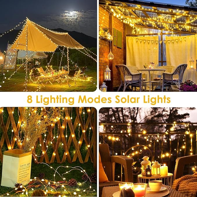 Extra-Long Solar String Lights for Outside, 2 Pack 200LED Solar Fairy Lights Outdoor Waterproof, Copper Wire with 8 Modes Solar Twinkle Lights for Tree Garden Party Patio Xmas Decor (Warm White)