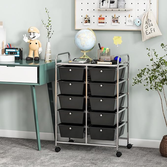 HOMGX Rolling Cart with 10 Drawers, 10 Tiers Multicolor Trolley, Drawer Bin Carts with 2 Lockable Wheels, Adjustable File & Debris Organizer Cart, Rolling Storage Cart for Office, School, Home