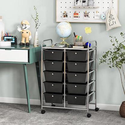 HOMGX Rolling Cart with 10 Drawers, 10 Tiers Multicolor Trolley, Drawer Bin Carts with 2 Lockable Wheels, Adjustable File & Debris Organizer Cart, Rolling Storage Cart for Office, School, Home