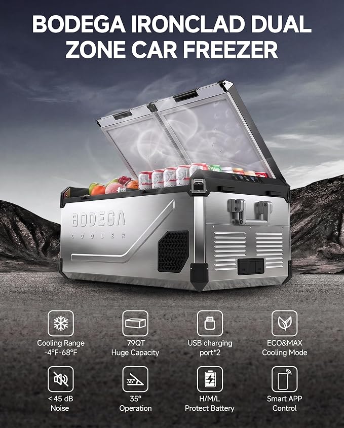 BODEGA Stainless Steel 12 Volt Car Refrigerator, 79 Quart Portable Freezer Car Fridge Dual Zone With APP Control, -4℉-68℉ Electric Cooler, 12/24V DC and 100-240V AC, for Vehicles,Camping, RV, Outdoor
