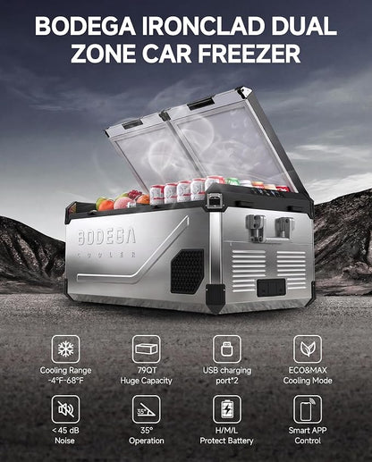 BODEGA Stainless Steel 12 Volt Car Refrigerator, 79 Quart Portable Freezer Car Fridge Dual Zone With APP Control, -4℉-68℉ Electric Cooler, 12/24V DC and 100-240V AC, for Vehicles,Camping, RV, Outdoor