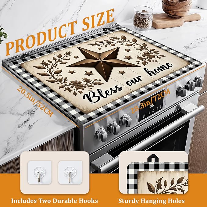 Rustic Wood Star Glass Top Stove Cover Protector,Farmhouse Heat Resistant Stove Top Cover, Large Size Range Covers for Electric Stove Countertop Mat, 28 x 20 Inch