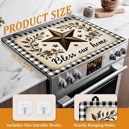 Rustic Wood Star Glass Top Stove Cover Protector,Farmhouse Heat Resistant Stove Top Cover, Large Size Range Covers for Electric Stove Countertop Mat, 28 x 20 Inch