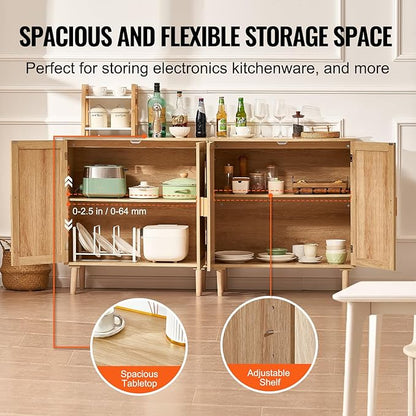 VEVOR Rattan Buffet Cabinet with Storage, 4 Magnetic Doors and Adjustable Shelves, Sideboard for Hallway, Living Room, Kitchen, Natural
