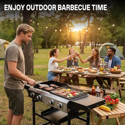 Gas Grill and Griddle Combo with Conversion Kit, 4-Burner Griddle Grill Combo with Folding Side Tables, 40,000 BTU Propane Grill with Cast Iron Grates and Stainless Steel Griddle