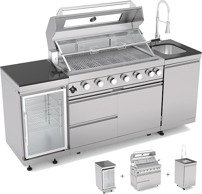Outdoor Kitchen Island, 82 Inch 6 Burner Propane Gas Grill Combination With Refrigerator and Sink, Outdoor Stainless Steel Barbecue Bar, Propane Grill, 85000 BTU