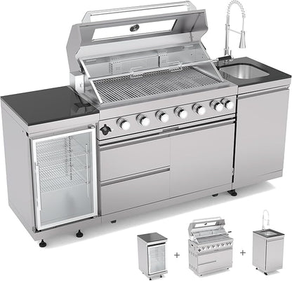 Outdoor Kitchen Island, 82 Inch 6 Burner Propane Gas Grill Combination With Refrigerator and Sink, Outdoor Stainless Steel Barbecue Bar, Propane Grill, 85000 BTU