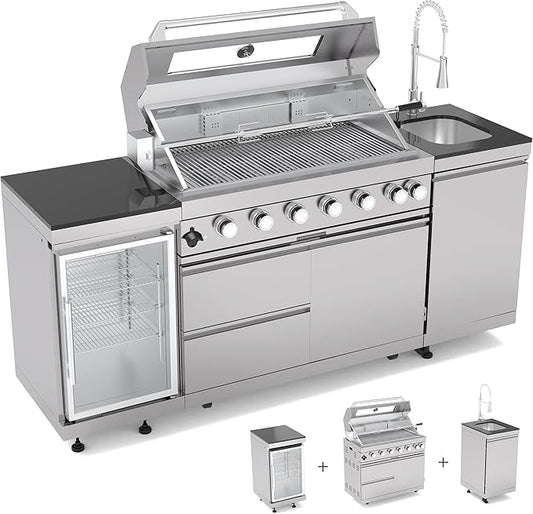 Outdoor Kitchen Island, 82 Inch 6 Burner Propane Gas Grill Combination With Refrigerator and Sink, Outdoor Stainless Steel Barbecue Bar, Propane Grill, 85000 BTU