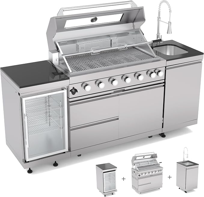 Outdoor Kitchen Island, 82 Inch 85000 BTU Gas Grill Combination With Refrigerator and Sink, Outdoor Stainless Steel Barbecue Bar,Natural Gas Barbecue Grill for Patios, Gardens, Parties