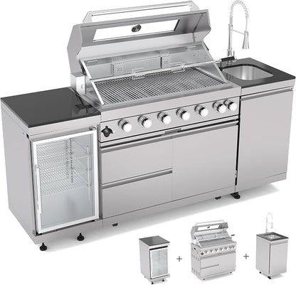 Outdoor Kitchen Island, 82 Inch 85000 BTU Gas Grill Combination With Refrigerator and Sink, Outdoor Stainless Steel Barbecue Bar,Natural Gas Barbecue Grill for Patios, Gardens, Parties