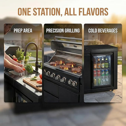 82" Outdoor Kitchen Island,6-Burner Propane Grill – Stainless Steel with Rotisserie Oven,Refrigerator,Granite Countertops & Sink.BBQ Grill Total 85,000 BTU.(Black,Propane)