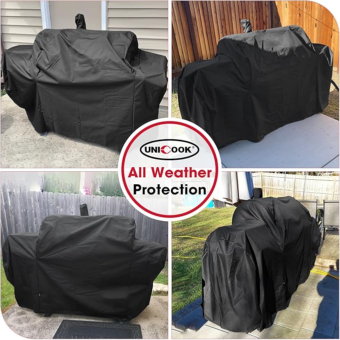 Unicook Heavy Duty Waterproof Offset Smoker Cover, Compatible with Oklahoma Joe's Longhorn Combo Grill, Outdoor Fade Resistant Charcoal/Smoker/Gas Combo BBQ Grill Cover, Black