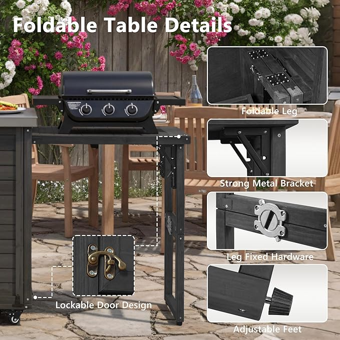 RUNNA 78.3" Outdoor Kitchen Island with Foldable Grill Table, Wooden Outdoor Grill Cart with Trash Can Storage & Stainless Steel Top, Outdoor Bar Cart, Pizza Oven Table for Lawn & Garden (Black@76)