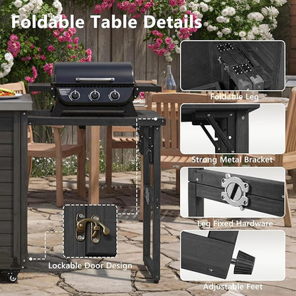 RUNNA 78.3" Outdoor Kitchen Island with Foldable Grill Table, Wooden Outdoor Grill Cart with Trash Can Storage & Stainless Steel Top, Outdoor Bar Cart, Pizza Oven Table for Lawn & Garden (Black@76)
