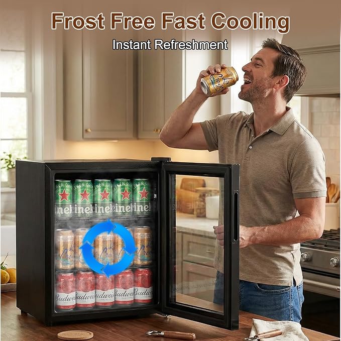 FoMup Mini Fridge 50 Can, Small Beverage Refrigerator with Reversible Glass Door, Countertop Drink Cooler with Temperature Control, Compact Beer Soda Fridge for Office Dorm Kitchen, Black