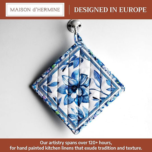 Maison d' Hermine Pot Holders 100% Cotton Heat Resistant Potholders 8" x 8" Hot Pads with Loop BBQ Cooking Baking Hotel Farmhouse Kitchen Handling Hot Pans Spring Summer (Pack of 1, Summer Blues)