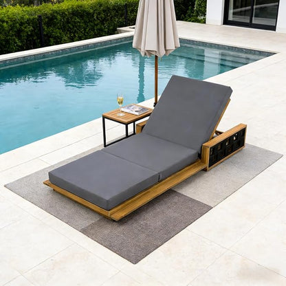 Merax Patio Chaise Lounge Set of 2, Acacia Wood Outdoor Reclining Chairs with 4-Position Adjustable Backrest, 2-Piece Sunbathing Recliner & 4" Thick Triple-fold Cushion for Poolside, Garden, Dark Gray