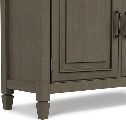 SIMPLIHOME Connaught 40" Wide Solid Wood Cabinet in Farmhouse Grey | Traditional slim entryway and living room organizer for hats, gloves, shoes and keys with space-saving storage design.