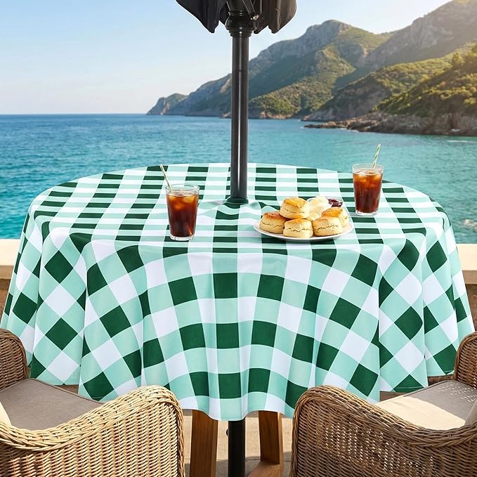 Poise3EHome Round Outdoor Tablecloth with Umbrella Hole and Zipper,Green and White Gingham 70 Inch,SpillProof Washable Table Cloth for Spring Summer Patio Garden Poolside Picnic Camping BBQS