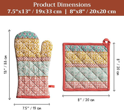Maison d' Hermine 100% Cotton Oven Mitt & Pot Holder Set (7.5"x13" & 8"x8") | Heat Resistant BBQ Cooking Gloves with Loop Baking Grilling Kitchen Hotel Home Farmhouse Spring Summer - Provence