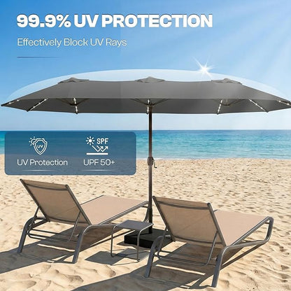 15FT Large Outdoor Patio Umbrella with Solar Lights and Base, Double-Sided Table Umbrellas with 48 LED Lights, Rectangle Market Umbrella for Pool, Deck, Backyard