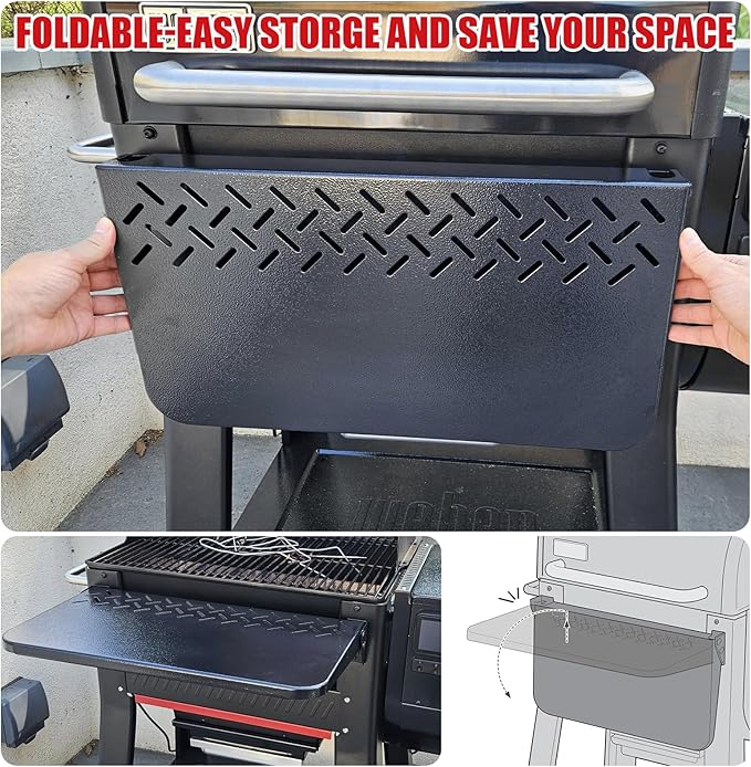 DELSbbq Folding Front Shelf for Weber Searwood 600 Pellet Grills, Heavy-Duty Steel Table, Foldable Prep & Storage Station for Weber Searwood 600 Accessories