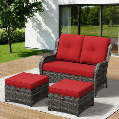 3-Piece Outdoor Couch Set, 1 Wicker Patio Loveseat with Thickened Olefin Cushions, High Back and Deep Seating, Hand-Woven PE Rattan and 2 Ottomans, Patio Conversation Set for Porch, Deck