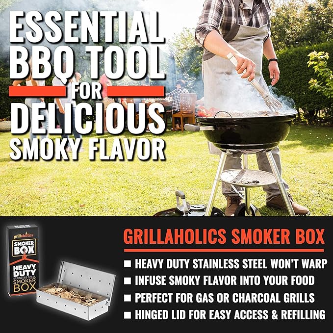 Grillaholics Smoker Box for Gas & Charcoal Grills – Large Stainless Steel Wood Chip Container for Smoking Meat – Grilling Accessories for BBQ Lovers – Grilling Gift for Men
