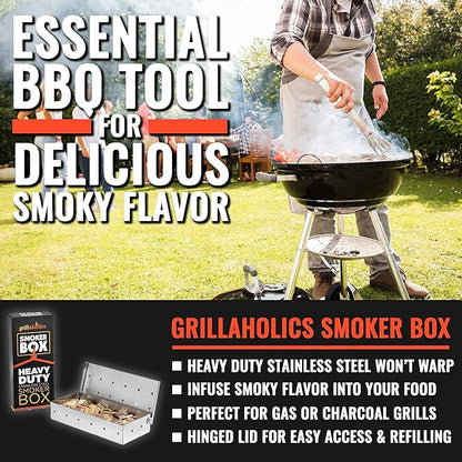Grillaholics Smoker Box for Gas & Charcoal Grills – Large Stainless Steel Wood Chip Container for Smoking Meat – Grilling Accessories for BBQ Lovers – Grilling Gift for Men