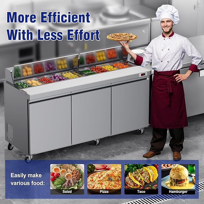 72" W Commercial Sandwich Salad Prep Table Refrigerator, Stainless Steel Refrigerated Salad Bar Food Prep Station with 18 Pan, Cutting Board, Ajustable Shelves for Restaurant, Food Truck, Buffet
