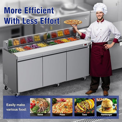 72" W Commercial Sandwich Salad Prep Table Refrigerator, Stainless Steel Refrigerated Salad Bar Food Prep Station with 18 Pan, Cutting Board, Ajustable Shelves for Restaurant, Food Truck, Buffet