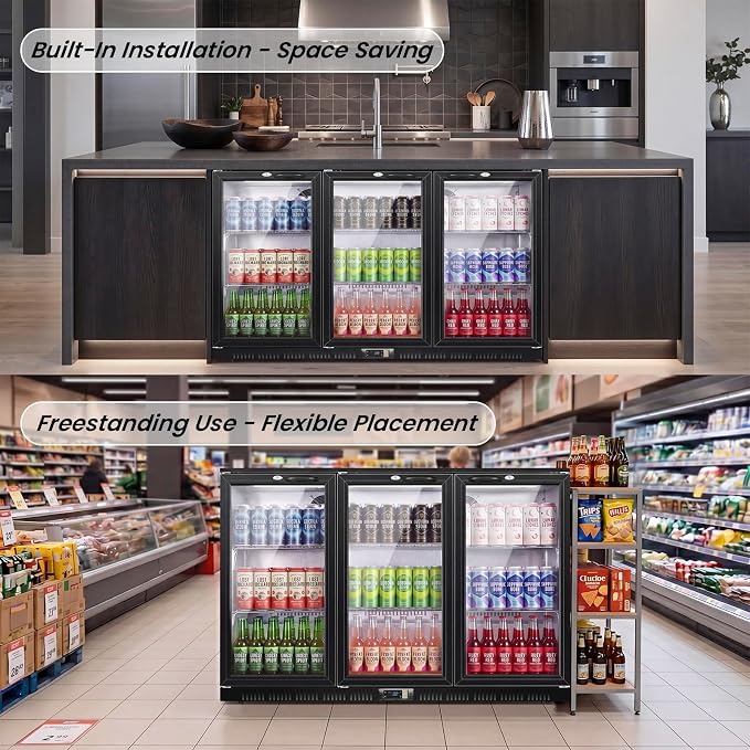 53.15" W Commercial Under Counter Beverage Refrigerator, 3 Glass Door Back Bar Cooler, Built-in/Freestanding 12Cuft Drink Fridge with LED Light, Auto Defrost, Low-E Glass & Safety Lock, Rebound door