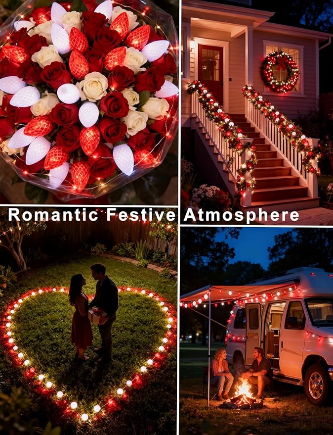 C9 Red White Strawberry Solar String Lights, 31FT 50 LED Ultra Bright Fairy Lights, 8 Modes IP65 Waterproof Green Wire for Outdoor Christmas Wedding Valentine Garden Decor