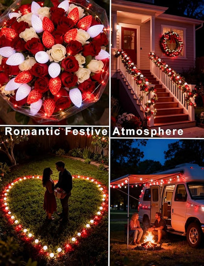 C9 Red White Strawberry Solar String Lights, 31FT 50 LED Ultra Bright Fairy Lights, 8 Modes IP65 Waterproof Green Wire for Outdoor Christmas Wedding Valentine Garden Decor