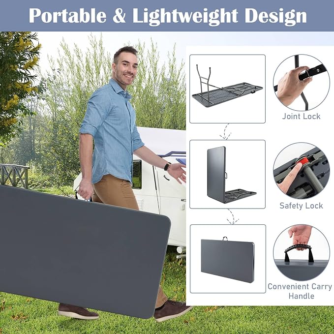 Tangkula 8 FT Folding Table, Indoor Outdoor Foldable Plastic Table | HDPE Tabletop, Sturdy Metal Fame, Carrying Handle, Heavy Duty, Portable ,Fold-in-Half, for Picnic, Camping, BBQ, Party