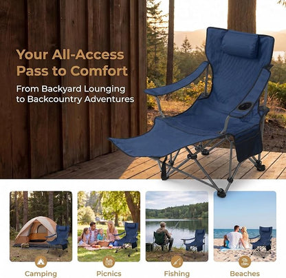 Adjustable Folding Beach Chair, Portable Camping Chair for Adults with Backrest, Reclining Outdoor Chair with Cup Holder & Pocket, Foldable Low Beach Chair for Camping, Picnic, Navy Blue