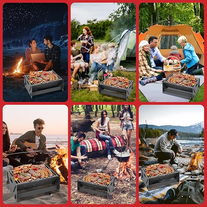 15.9" Foldable Portable Camping Charcoal Grill - Rust-Resistant Compact Tabletop Grill with Detachable Grate & Quick Assembly for Outdoor Cooking BBQ Smokes Beach Patio Backyard